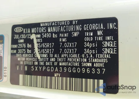 2016 Kia Sorento 2.4L Lx from USA, damaged, VIN 5XYPGDA39GG096337